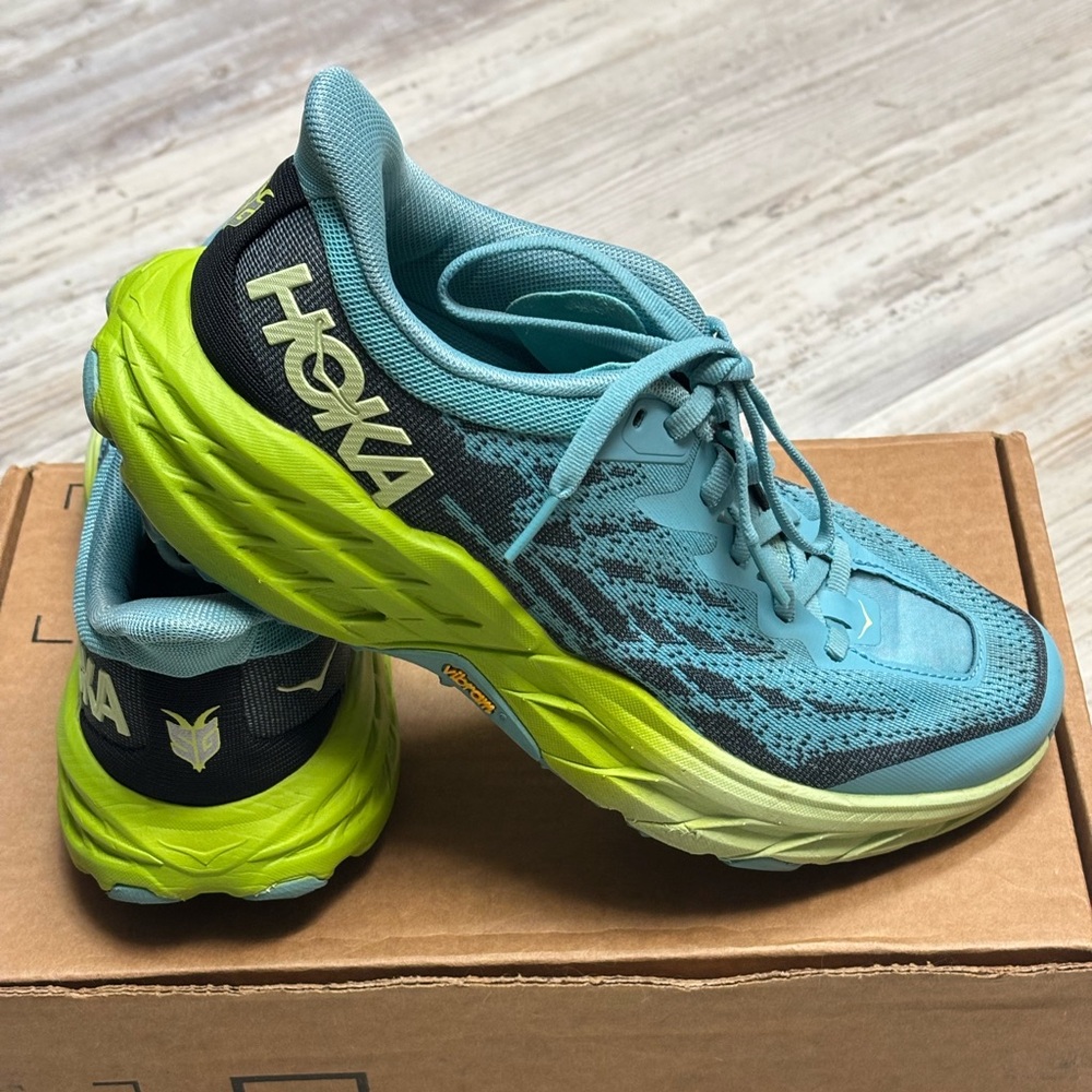 HOKA Speedgoat 5 Athletic Trail Running Shoes Coastal Shade/Green Glow Women’s 8